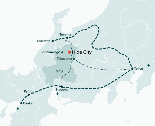Map of Japan describing the location of Hida in central Japan