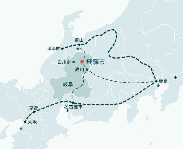 Map of Japan describing the location of Hida in central Japan